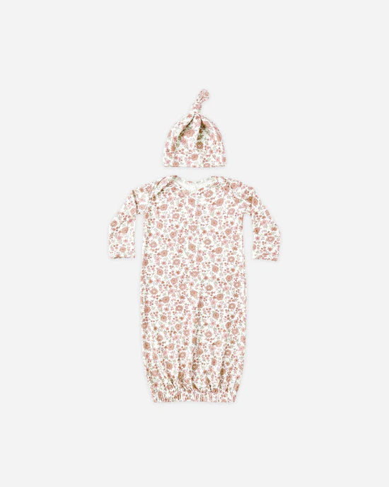 Quincy Mae Bamboo Baby Gown + Hat Set - Bloom