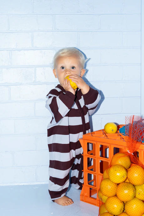 Grown Organic Stripe Zipper Knit Starsuit - Plum & Haze