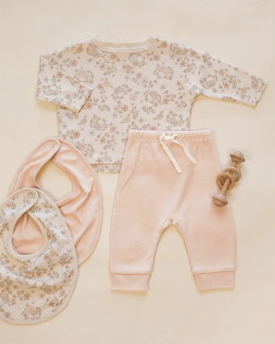 Quincy Mae Jersey Snap Bib, 2 Pack - Floral Vine, Dusty Rose