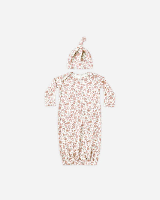 Quincy Mae Bamboo Baby Gown + Hat Set - Bloom