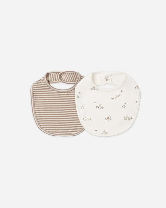 Quincy Mae Jersey Snap Bib, 2 Pack - Bunnies, Almond Stripe