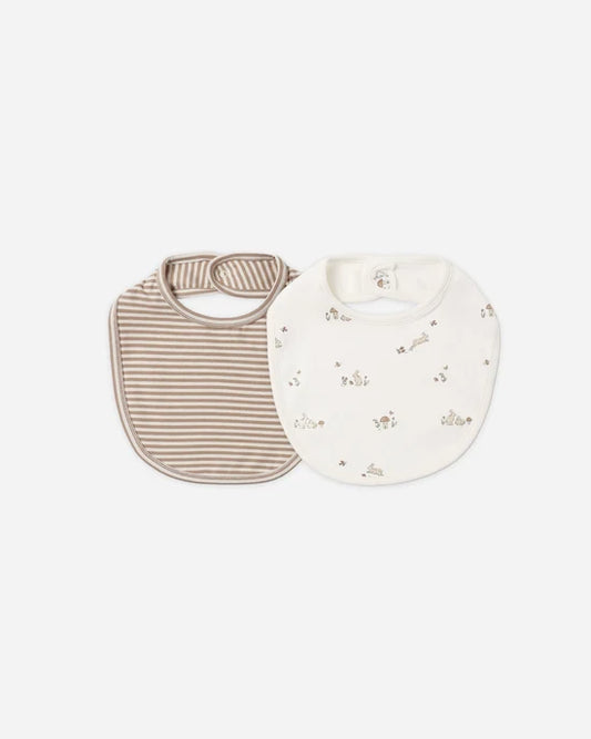 Quincy Mae Jersey Snap Bib, 2 Pack - Bunnies, Almond Stripe