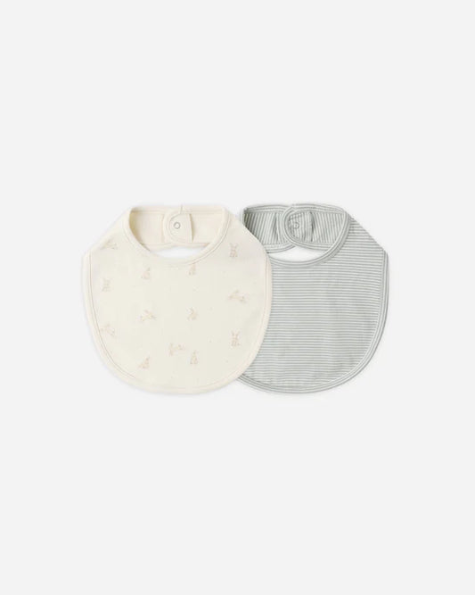 Quincy Mae Jersey Snap Bib Pack - Bunnies, Sage Microstripe
