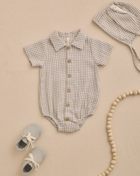 Quincy Mae Matteo Romper - Sage Gingham