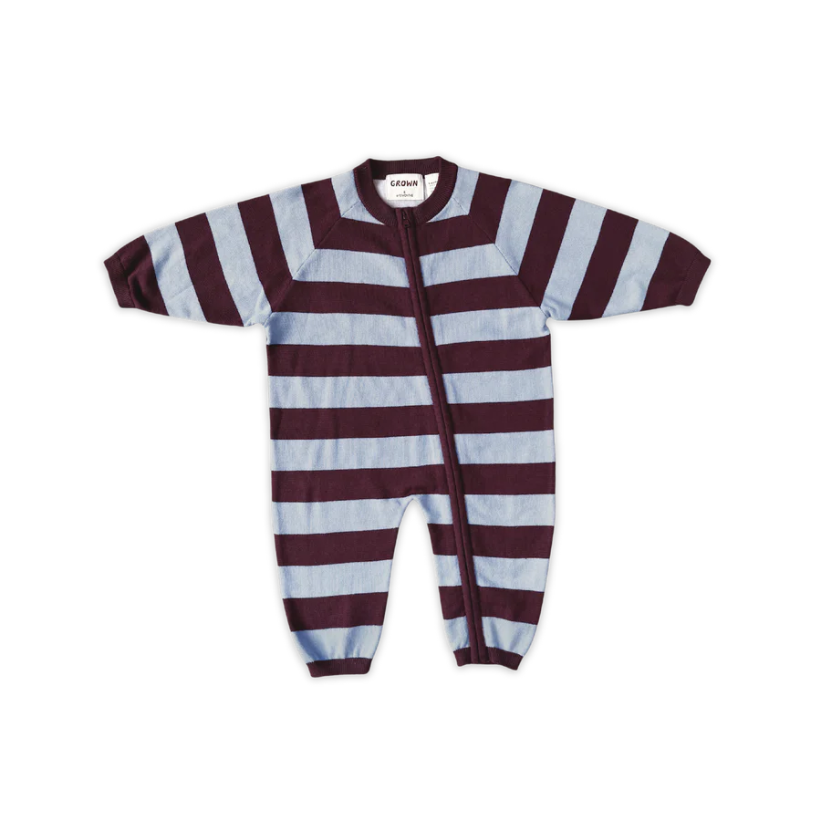 Grown Organic Stripe Zipper Knit Starsuit - Plum & Haze